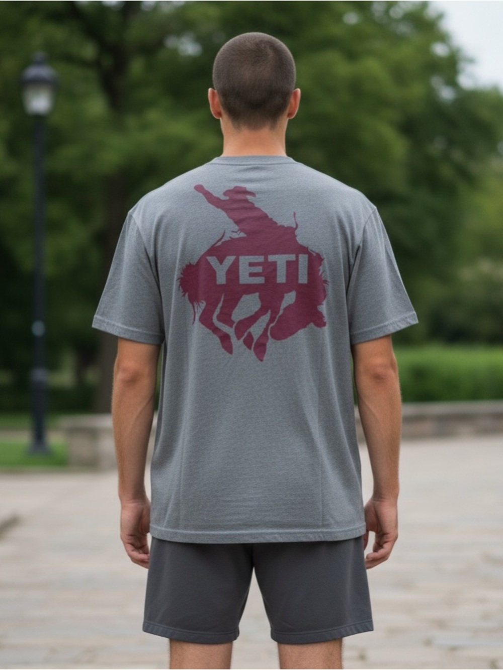 YETI Graphic Tee XXL soft gray tee with maroon logo front back rodeo graphic